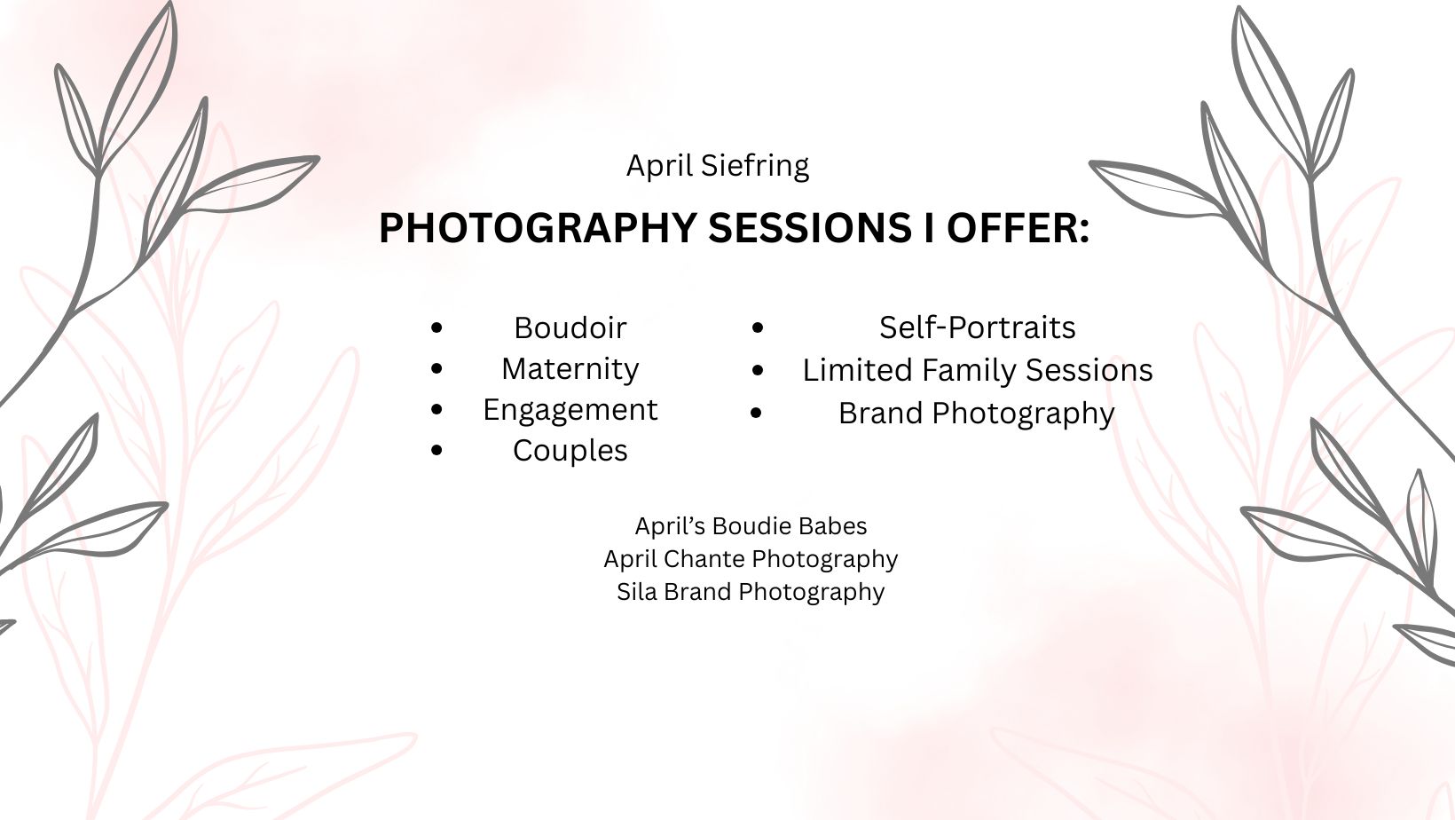 All the photography services I now offer!